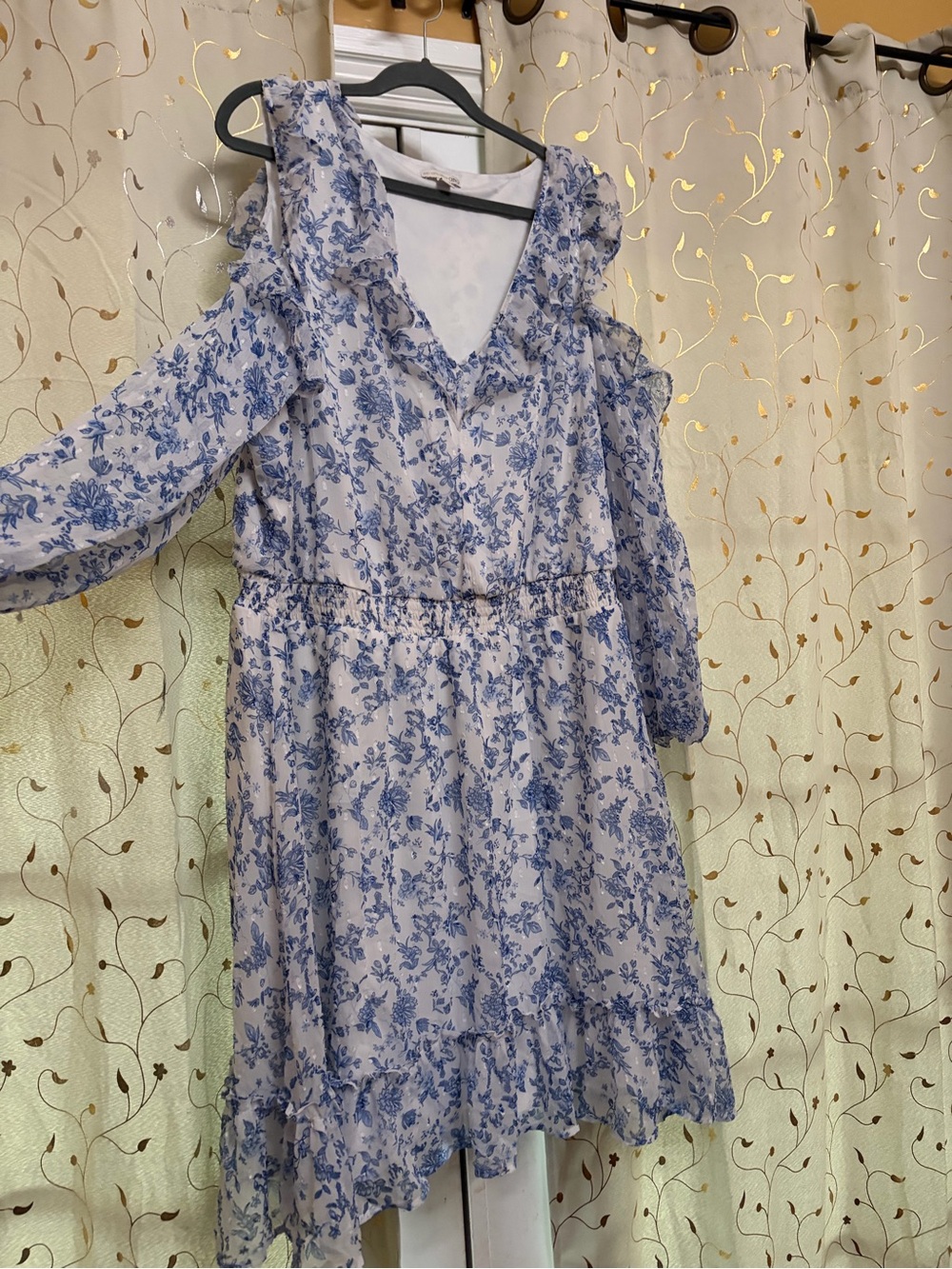 Blue Floral Ruffle Cold-Shoulder Dress